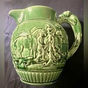 WEDGWOOD QUEENSWARE "PITCHER" GREEN GLAZE HOUND HANDLE WITH HUNT SCENE